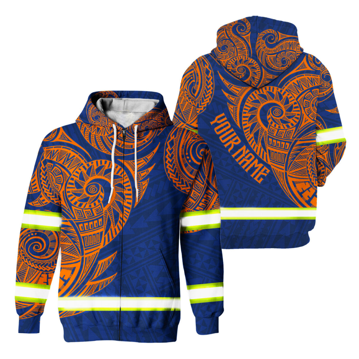 Hi Vis Zip Hoodie  Reflective Blue Orange Neon Hawaii Polynesian Custom Name Safety Workwear For Workers, Runners, Cyclists, Patriotic