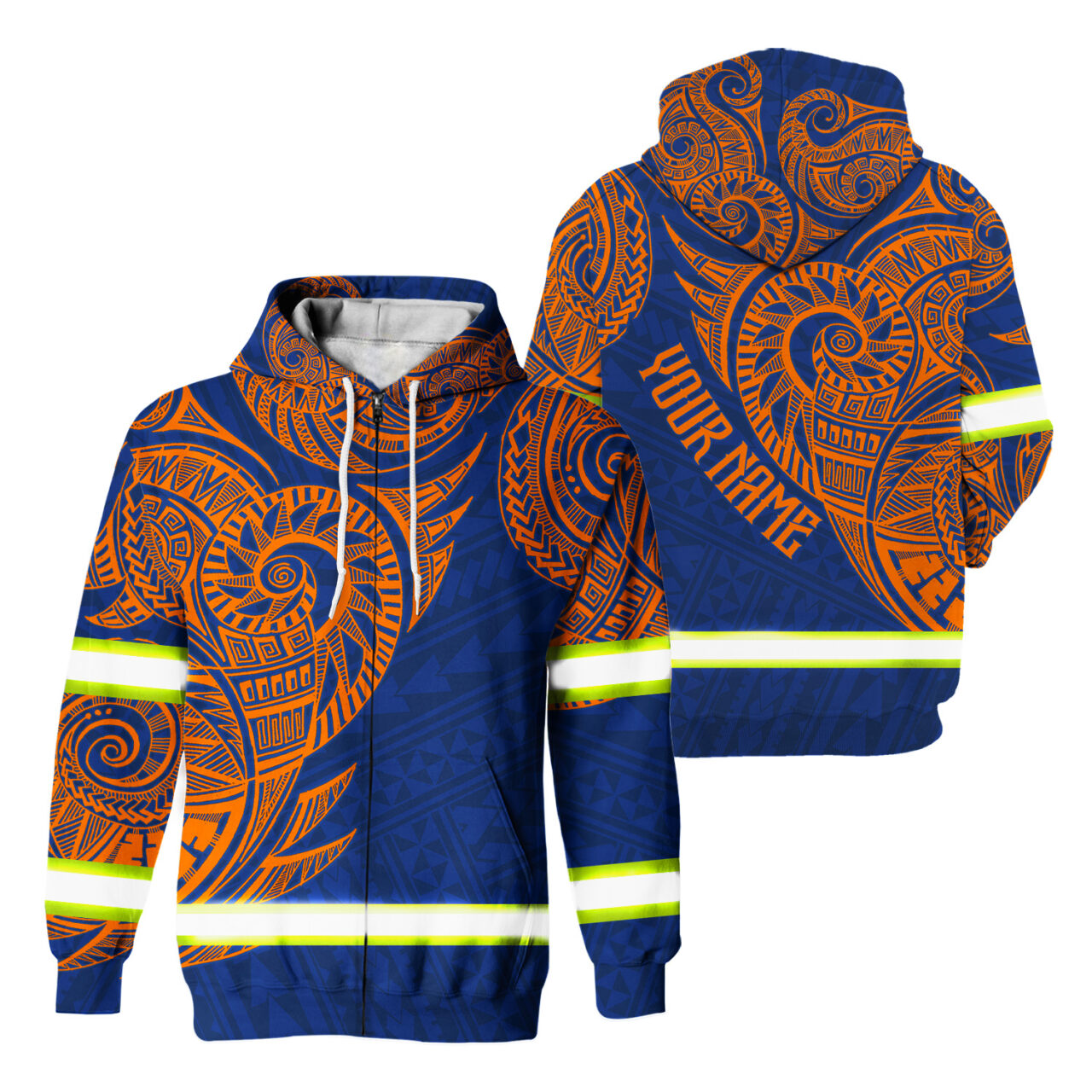 Hi Vis Zip Hoodie  Reflective Blue Orange Neon Hawaii Polynesian Custom Name Safety Workwear For Workers, Runners, Cyclists, Patriotic