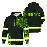 Hi Vis Zip Hoodie  Reflective Green Neon Turtle 2 Hawaii Polynesian Custom Name Safety Workwear For Workers, Runners, Cyclists, Patriotic