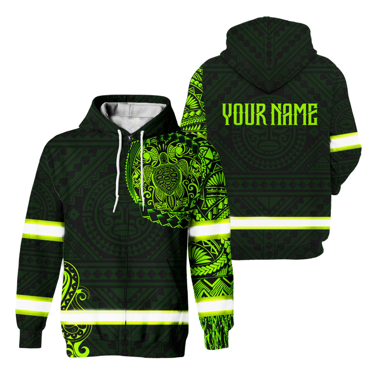 Hi Vis Zip Hoodie  Reflective Green Neon Turtle 2 Hawaii Polynesian Custom Name Safety Workwear For Workers, Runners, Cyclists, Patriotic