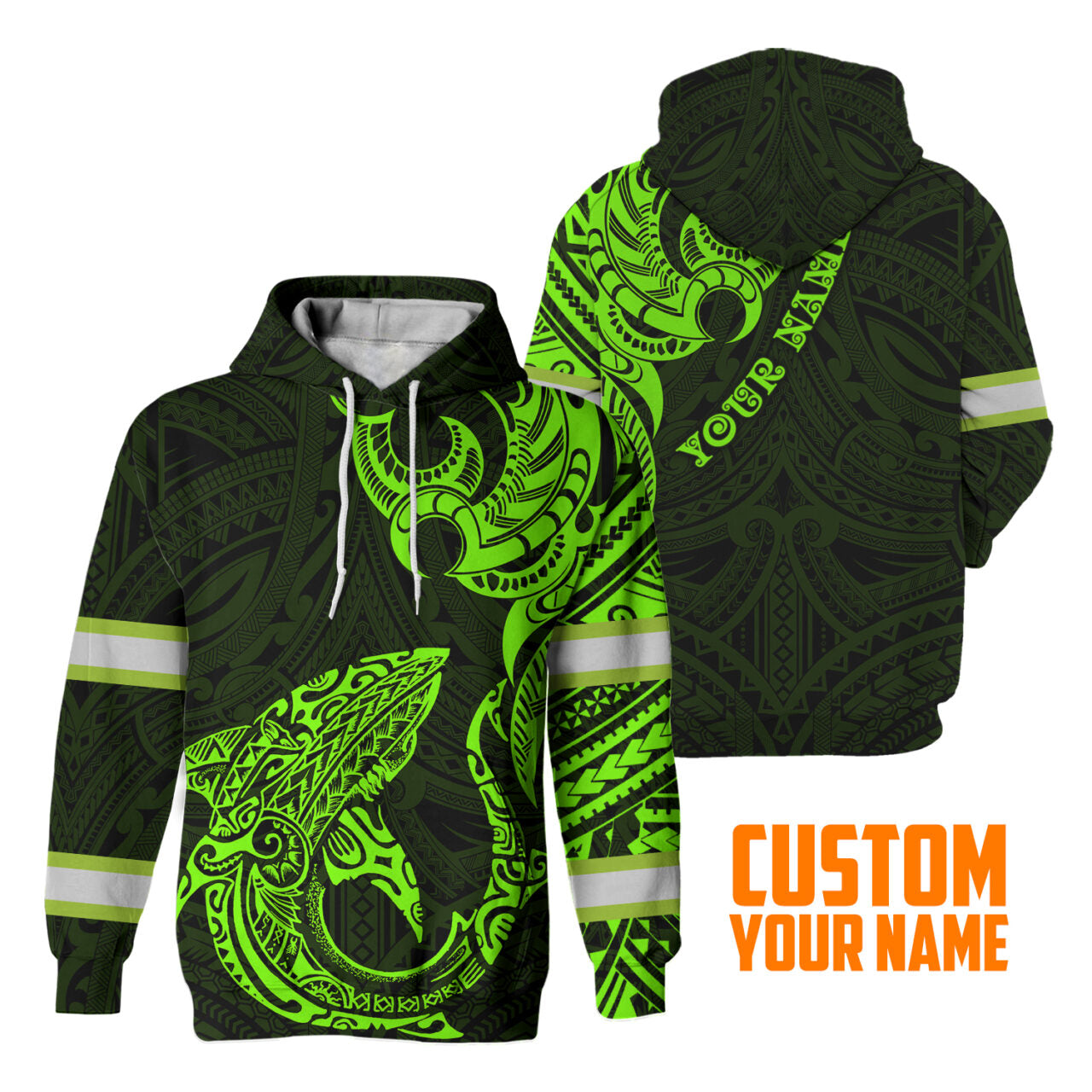 Hi Vis Hoodie Reflective Tapes Green Shark Hawaiian Polynesian Tribal Custom Name Safety Workwear For Workers, Runners, Cyclists
