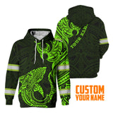 Hi Vis Hoodie Reflective Tapes Green Shark Hawaiian Polynesian Tribal Custom Name Safety Workwear For Workers, Runners, Cyclists