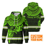Hi Vis Hoodie Reflective Tapes Green Turtle Flower Hawaiian Polynesian Tribal Custom Name Safety Workwear For Workers, Runners, Cyclists