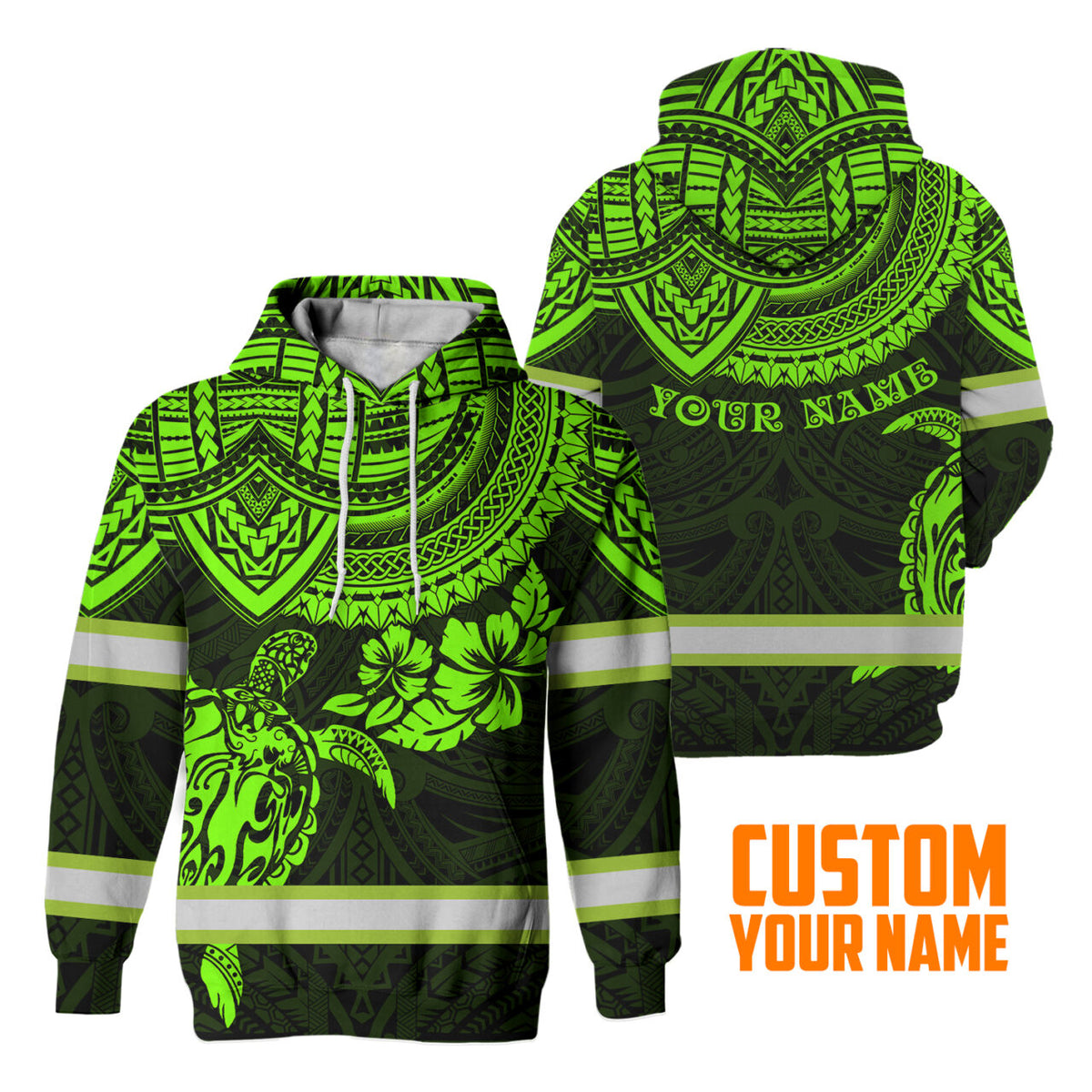 Hi Vis Hoodie Reflective Tapes Green Turtle Flower Hawaiian Polynesian Tribal Custom Name Safety Workwear For Workers, Runners, Cyclists