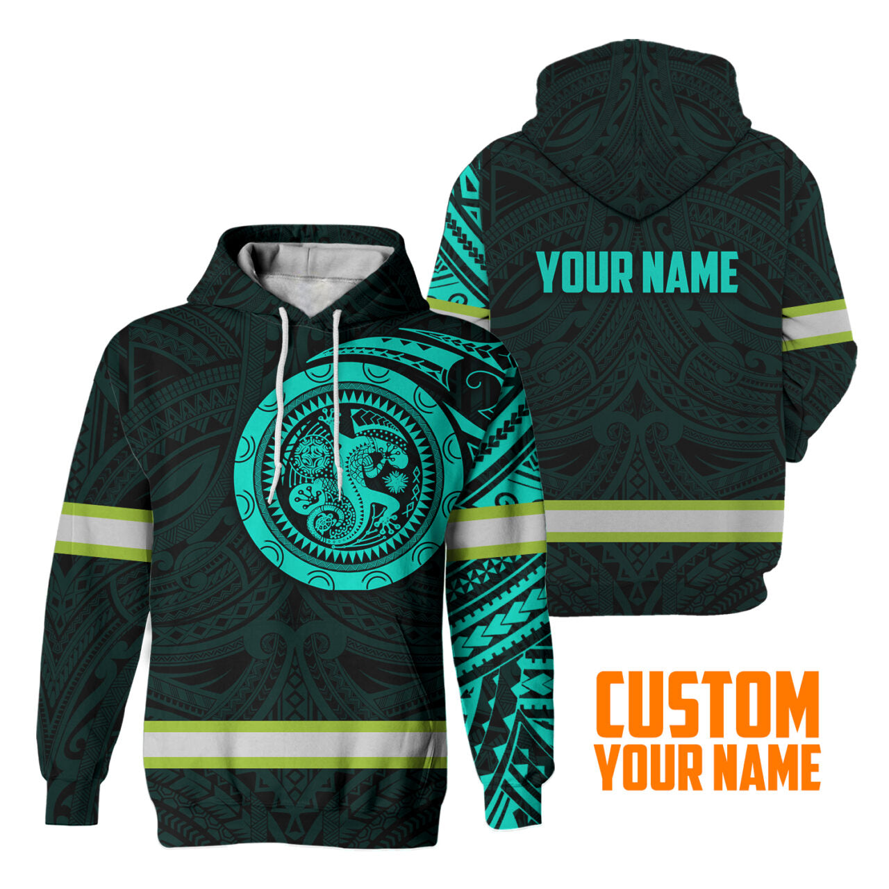 Hi Vis Hoodie Reflective Tapes Mint Hawaiian Polynesian Tribal Custom Name Safety Workwear For Workers, Runners, Cyclists