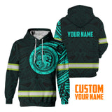 Hi Vis Hoodie Reflective Tapes Mint Hawaiian Polynesian Tribal Custom Name Safety Workwear For Workers, Runners, Cyclists