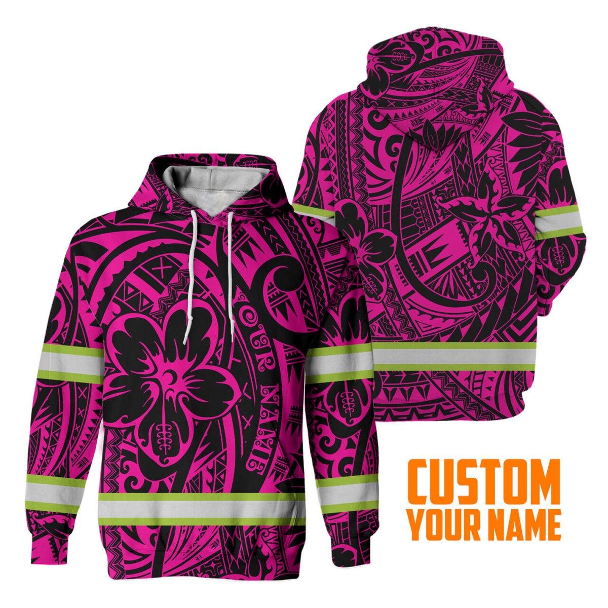 Hi Vis Hoodie Reflective Tapes Pink Flower Hawaiian Polynesian Tribal Custom Name Safety Workwear For Workers, Runners, Cyclists