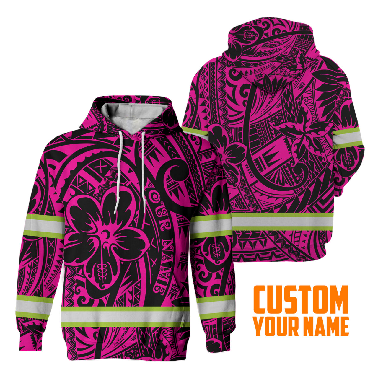Hi Vis Hoodie Reflective Tapes Pink Flower Hawaiian Polynesian Tribal Custom Name Safety Workwear For Workers, Runners, Cyclists