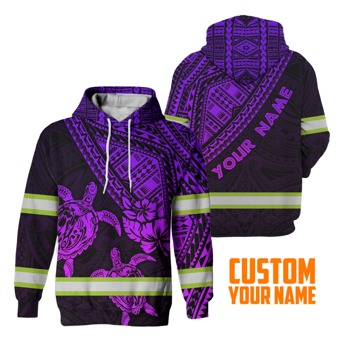 Hi Vis Hoodie Reflective Tapes Violet Couple Turtle Flower Hawaiian Polynesian Tribal Custom Name Safety Workwear For Workers, Runners, Cyclists