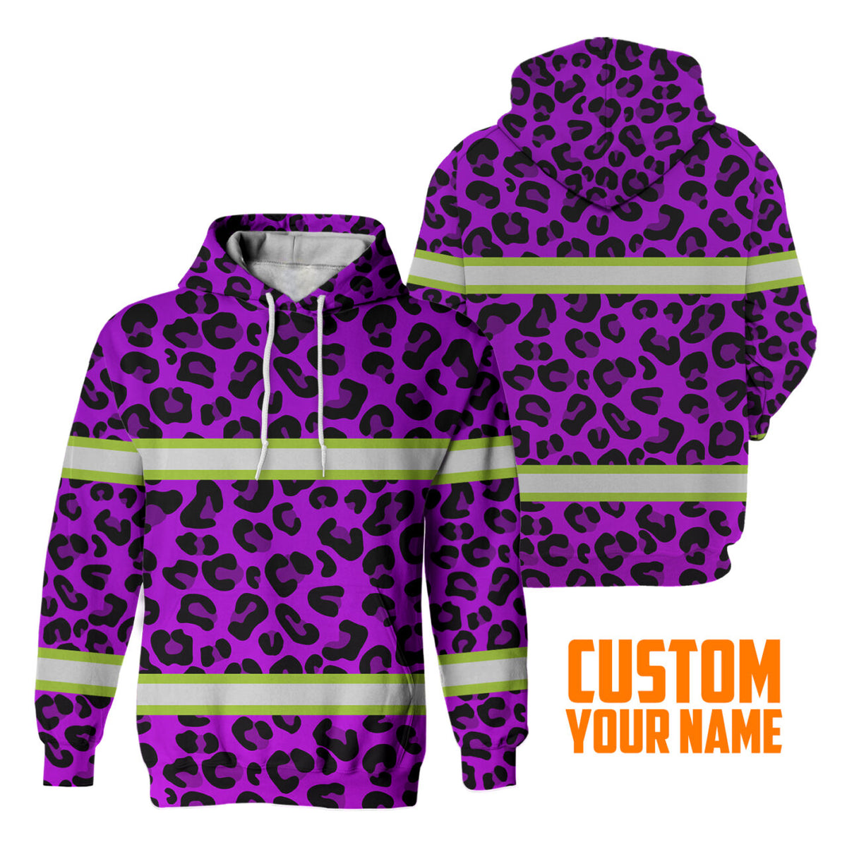 Hi Vis Hoodie Reflective Tapes Violet Leopard Safety Workwear For Workers, Runners, Cyclists