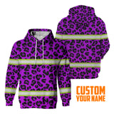 Hi Vis Hoodie Reflective Tapes Violet Leopard Safety Workwear For Workers, Runners, Cyclists
