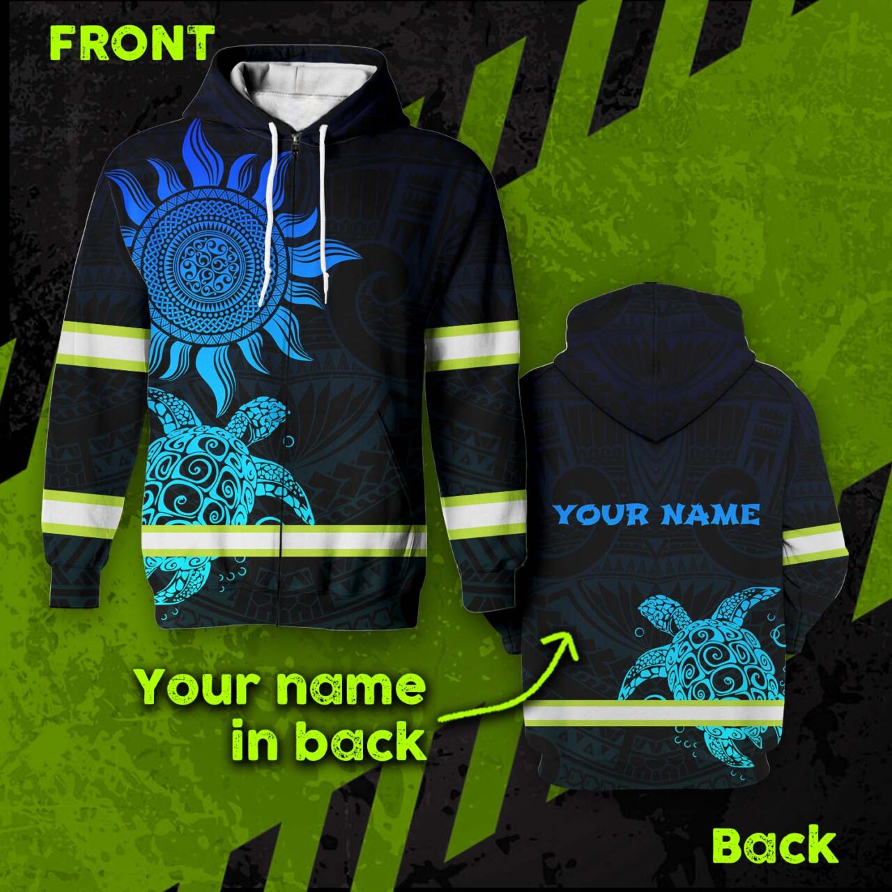 Hi Vis Zip Hoodie Reflective Blue Neon Sun And Turtle Hawaii Polynesian Custom Name Safety Workwear For Workers, Runners, Cyclists, Patriotic