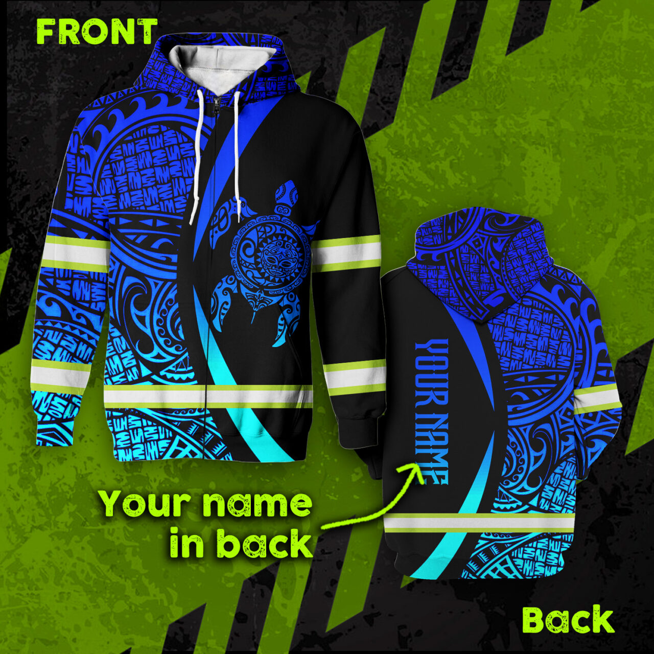 Hi Vis Zip Hoodie Reflective Blue Neon Turtle Gradient Hawaii Polynesian Custom Name Safety Workwear For Workers, Runners, Cyclists, Patriotic