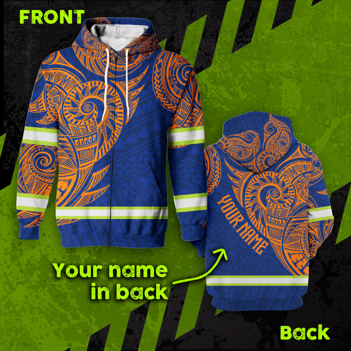 Hi Vis Zip Hoodie  Reflective Blue Orange Neon Hawaii Polynesian Custom Name Safety Workwear For Workers, Runners, Cyclists, Patriotic