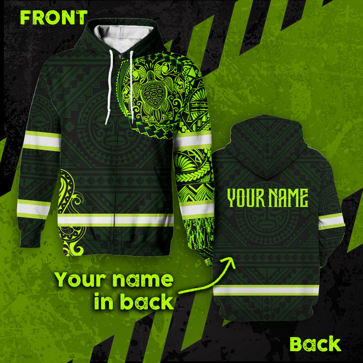 Hi Vis Zip Hoodie  Reflective Green Neon Turtle 2 Hawaii Polynesian Custom Name Safety Workwear For Workers, Runners, Cyclists, Patriotic