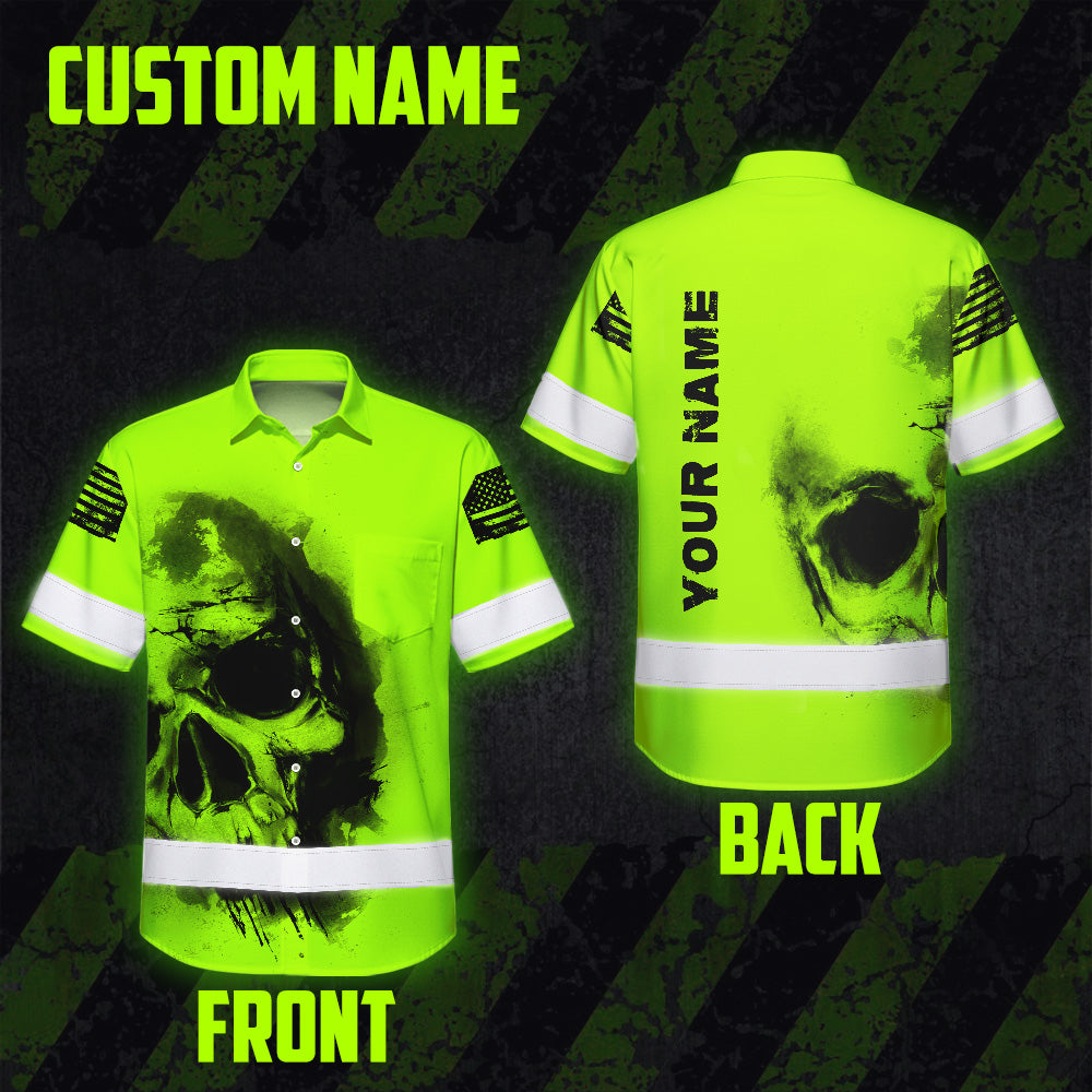 Hi Vis Hawaiian Shirt Reflective Tapes Black Skull US Flag Safety Workwear