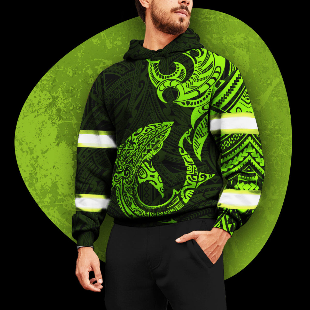 Hi Vis Hoodie Reflective Tapes Green Shark Hawaiian Polynesian Tribal Custom Name Safety Workwear For Workers, Runners, Cyclists