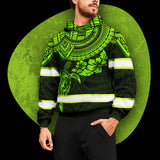 Hi Vis Hoodie Reflective Tapes Green Turtle Flower Hawaiian Polynesian Tribal Custom Name Safety Workwear For Workers, Runners, Cyclists