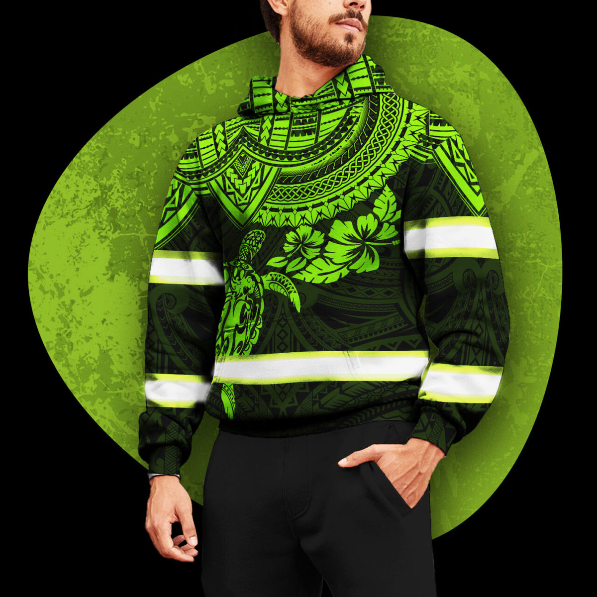Hi Vis Hoodie Reflective Tapes Green Turtle Flower Hawaiian Polynesian Tribal Custom Name Safety Workwear For Workers, Runners, Cyclists