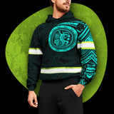 Hi Vis Hoodie Reflective Tapes Mint Hawaiian Polynesian Tribal Custom Name Safety Workwear For Workers, Runners, Cyclists
