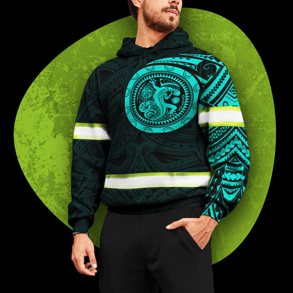 Hi Vis Hoodie Reflective Tapes Mint Hawaiian Polynesian Tribal Custom Name Safety Workwear For Workers, Runners, Cyclists