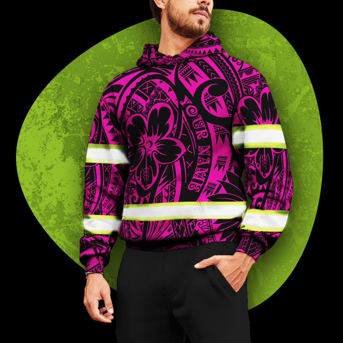 Hi Vis Hoodie Reflective Tapes Pink Flower Hawaiian Polynesian Tribal Custom Name Safety Workwear For Workers, Runners, Cyclists