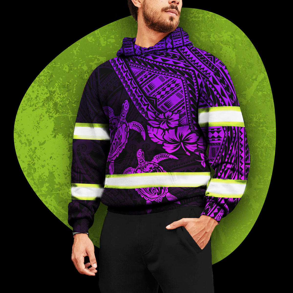Hi Vis Hoodie Reflective Tapes Violet Couple Turtle Flower Hawaiian Polynesian Tribal Custom Name Safety Workwear For Workers, Runners, Cyclists