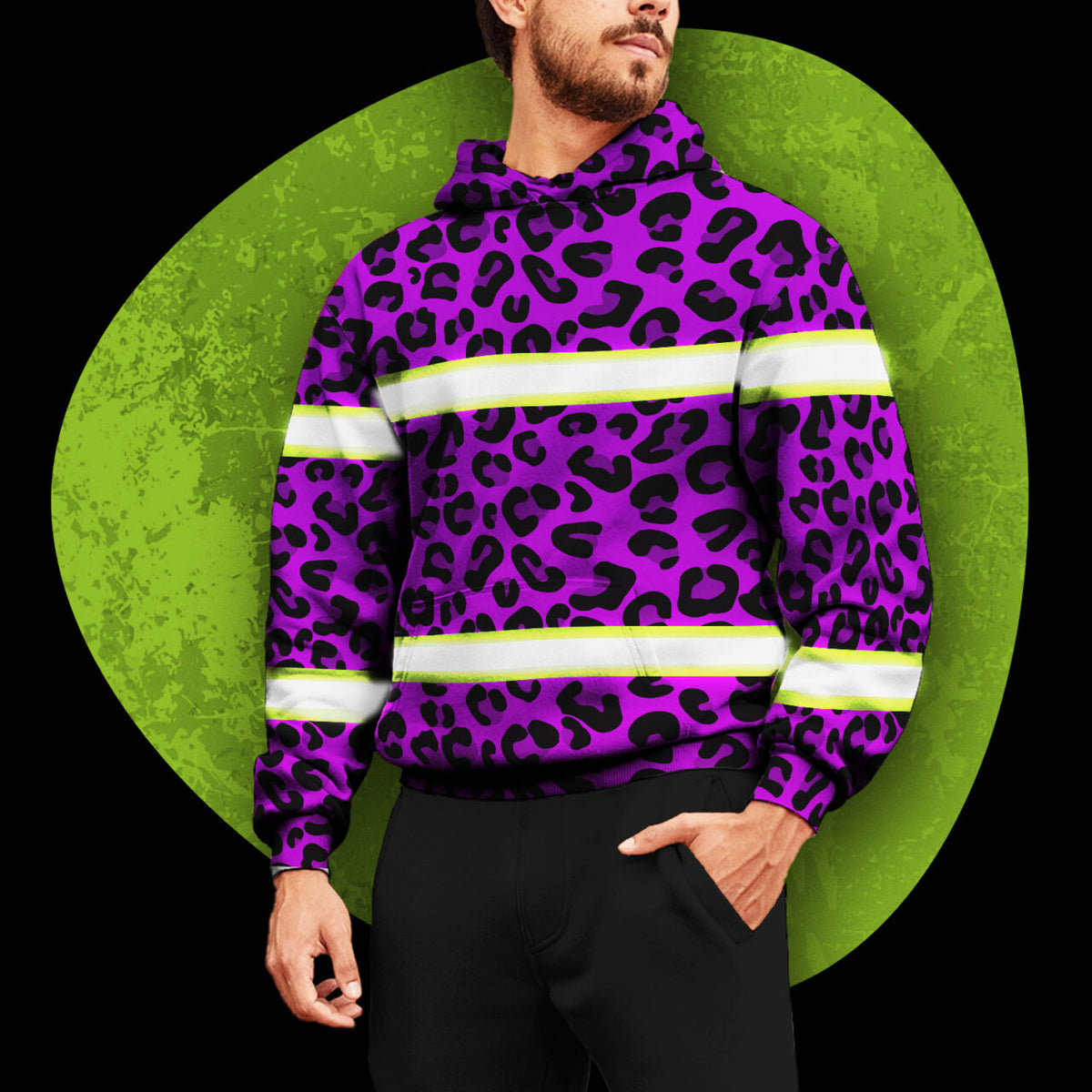 Hi Vis Hoodie Reflective Tapes Violet Leopard Safety Workwear For Workers, Runners, Cyclists
