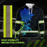 Hi Vis Zip Hoodie Reflective Blue Neon Sun And Turtle Hawaii Polynesian Custom Name Safety Workwear For Workers, Runners, Cyclists, Patriotic