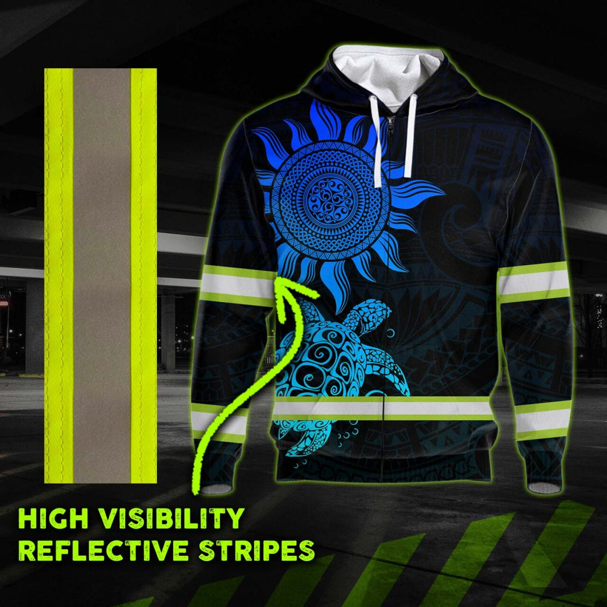 Hi Vis Zip Hoodie Reflective Blue Neon Sun And Turtle Hawaii Polynesian Custom Name Safety Workwear For Workers, Runners, Cyclists, Patriotic