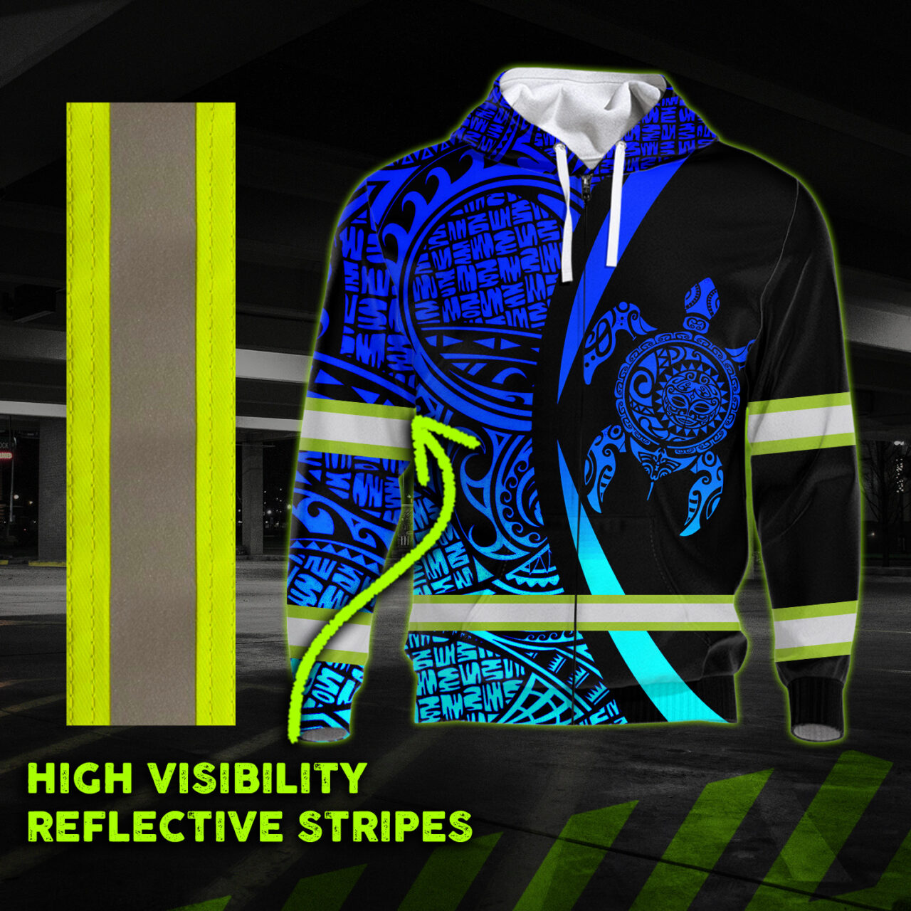 Hi Vis Zip Hoodie Reflective Blue Neon Turtle Gradient Hawaii Polynesian Custom Name Safety Workwear For Workers, Runners, Cyclists, Patriotic