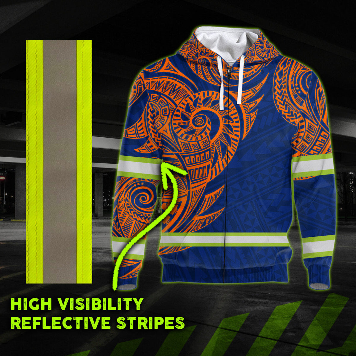 Hi Vis Zip Hoodie  Reflective Blue Orange Neon Hawaii Polynesian Custom Name Safety Workwear For Workers, Runners, Cyclists, Patriotic