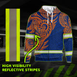 Hi Vis Zip Hoodie  Reflective Blue Orange Neon Hawaii Polynesian Custom Name Safety Workwear For Workers, Runners, Cyclists, Patriotic