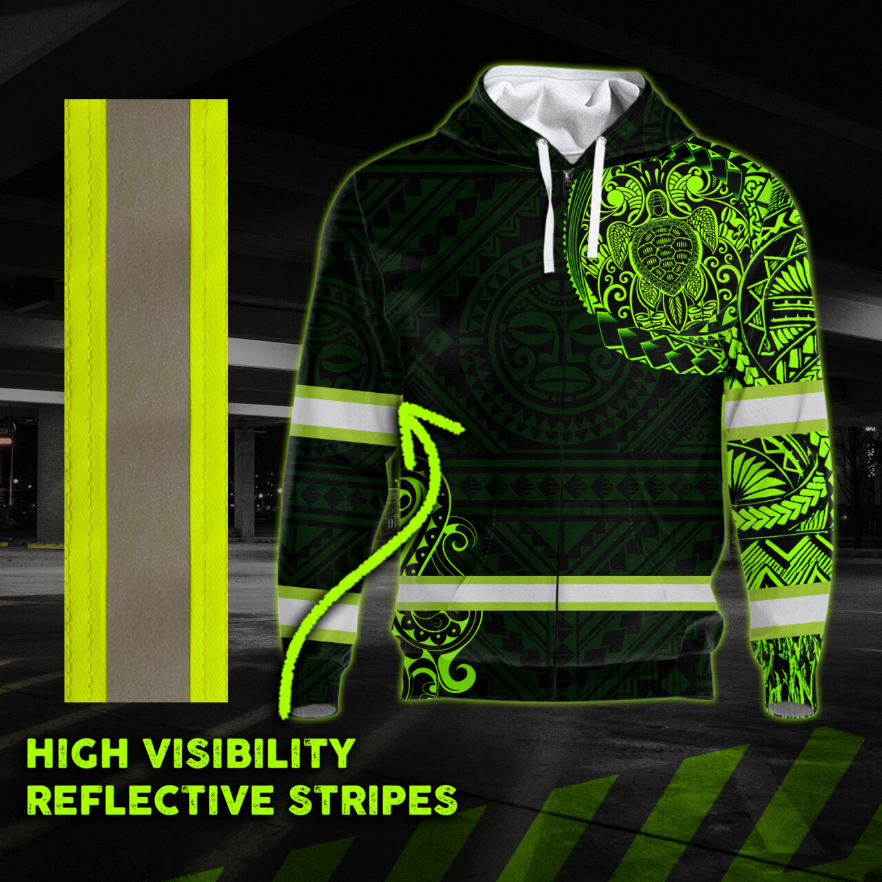 Hi Vis Zip Hoodie  Reflective Green Neon Turtle 2 Hawaii Polynesian Custom Name Safety Workwear For Workers, Runners, Cyclists, Patriotic