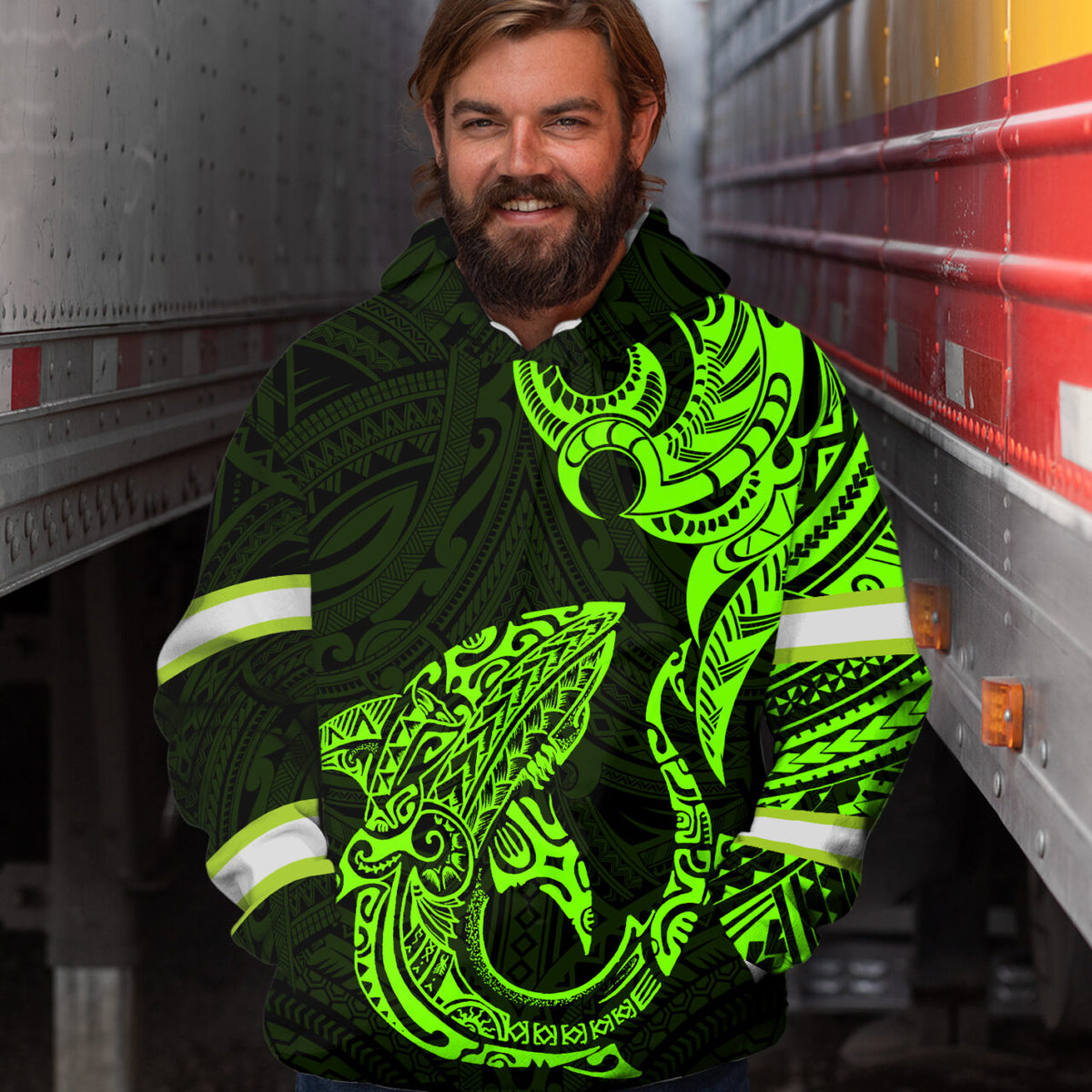 Hi Vis Hoodie Reflective Tapes Green Shark Hawaiian Polynesian Tribal Custom Name Safety Workwear For Workers, Runners, Cyclists