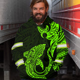 Hi Vis Hoodie Reflective Tapes Green Shark Hawaiian Polynesian Tribal Custom Name Safety Workwear For Workers, Runners, Cyclists