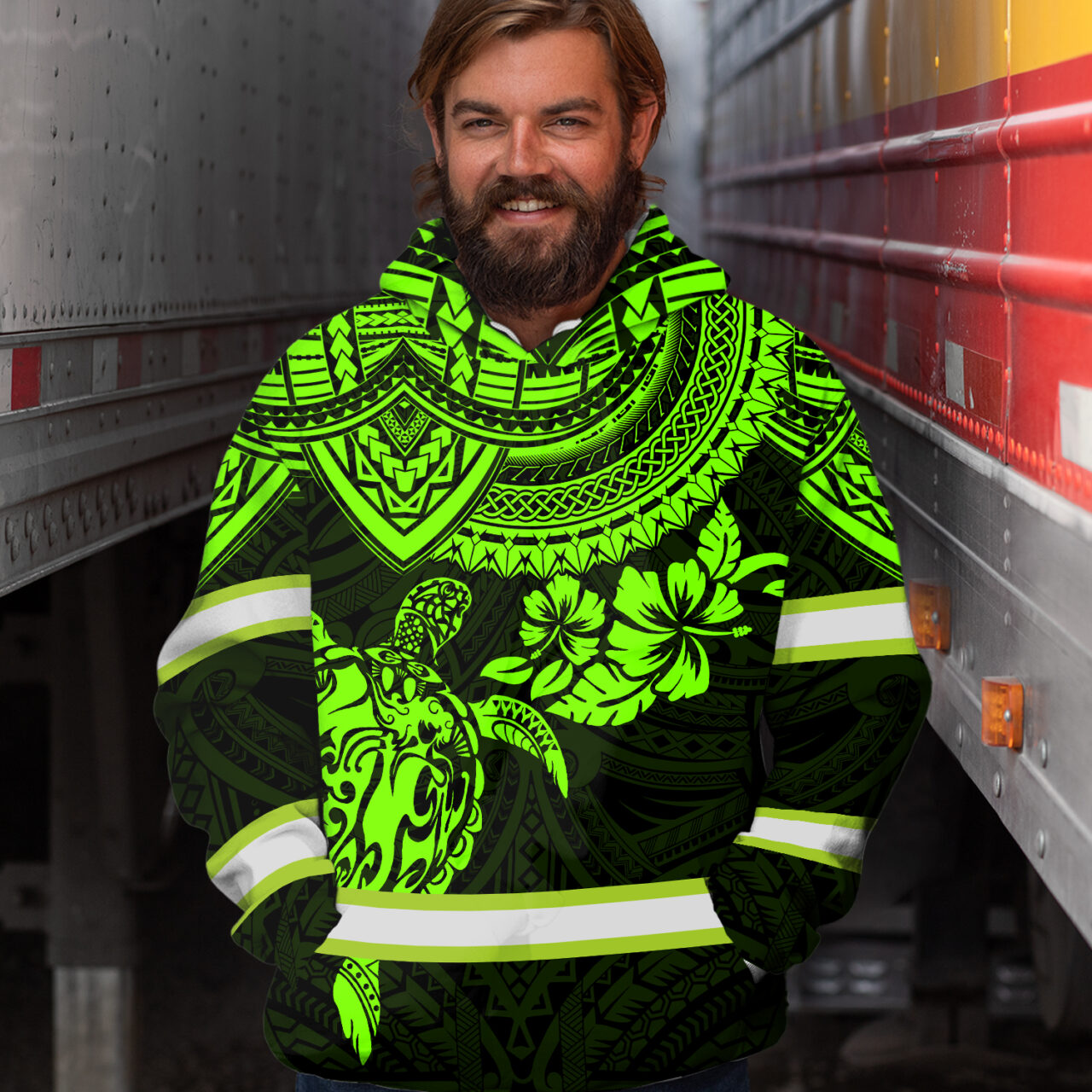 Hi Vis Hoodie Reflective Tapes Green Turtle Flower Hawaiian Polynesian Tribal Custom Name Safety Workwear For Workers, Runners, Cyclists