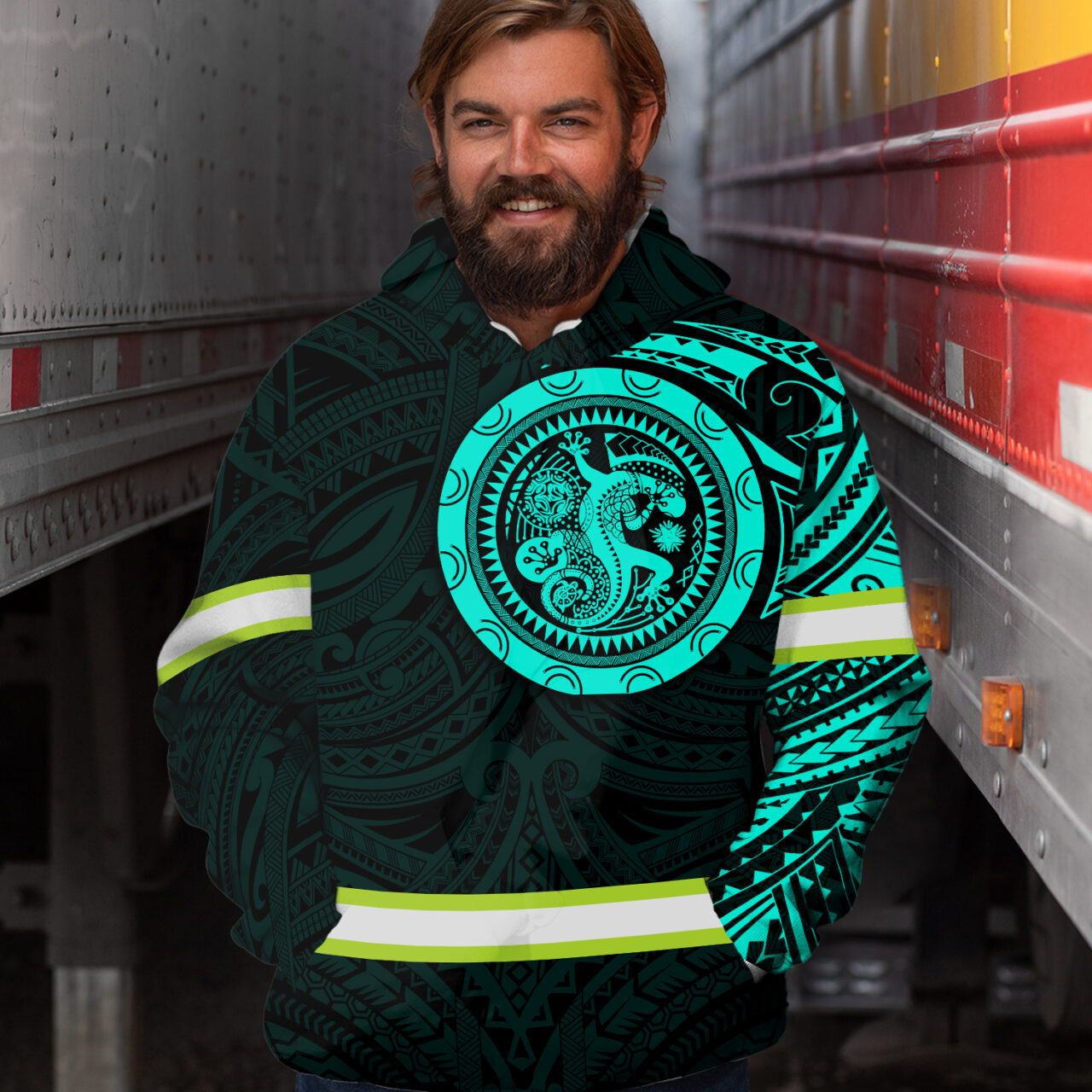 Hi Vis Hoodie Reflective Tapes Mint Hawaiian Polynesian Tribal Custom Name Safety Workwear For Workers, Runners, Cyclists