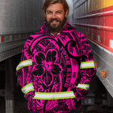 Hi Vis Hoodie Reflective Tapes Pink Flower Hawaiian Polynesian Tribal Custom Name Safety Workwear For Workers, Runners, Cyclists
