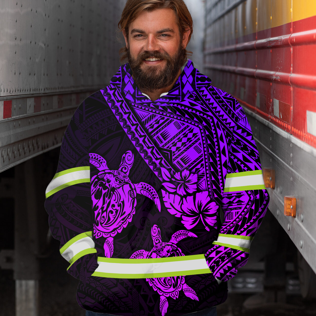 Hi Vis Hoodie Reflective Tapes Violet Couple Turtle Flower Hawaiian Polynesian Tribal Custom Name Safety Workwear For Workers, Runners, Cyclists
