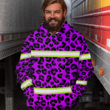 Hi Vis Hoodie Reflective Tapes Violet Leopard Safety Workwear For Workers, Runners, Cyclists