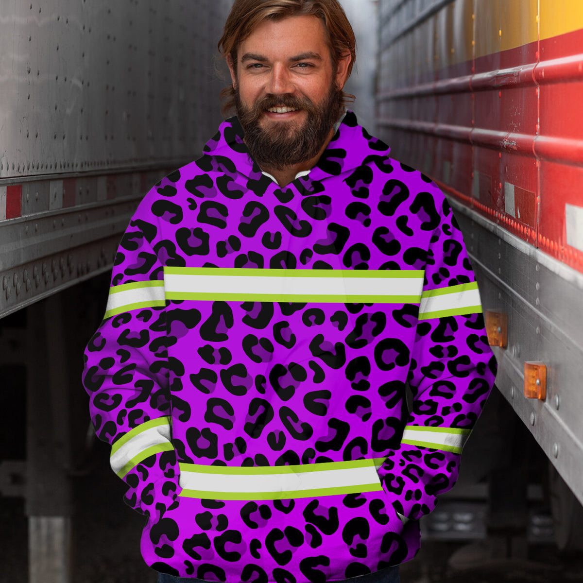 Hi Vis Hoodie Reflective Tapes Violet Leopard Safety Workwear For Workers, Runners, Cyclists