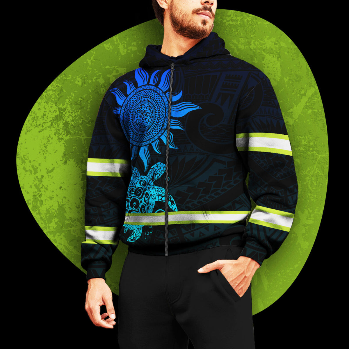 Hi Vis Zip Hoodie Reflective Blue Neon Sun And Turtle Hawaii Polynesian Custom Name Safety Workwear For Workers, Runners, Cyclists, Patriotic
