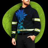 Hi Vis Zip Hoodie Reflective Blue Neon Sun And Turtle Hawaii Polynesian Custom Name Safety Workwear For Workers, Runners, Cyclists, Patriotic