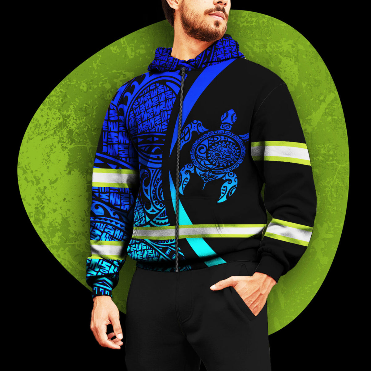 Hi Vis Zip Hoodie Reflective Blue Neon Turtle Gradient Hawaii Polynesian Custom Name Safety Workwear For Workers, Runners, Cyclists, Patriotic