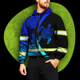 Hi Vis Zip Hoodie Reflective Blue Neon Turtle Gradient Hawaii Polynesian Custom Name Safety Workwear For Workers, Runners, Cyclists, Patriotic