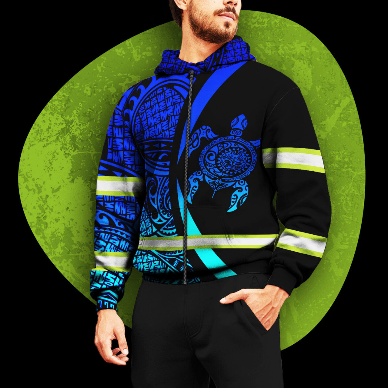 Hi Vis Zip Hoodie Reflective Blue Neon Turtle Gradient Hawaii Polynesian Custom Name Safety Workwear For Workers, Runners, Cyclists, Patriotic