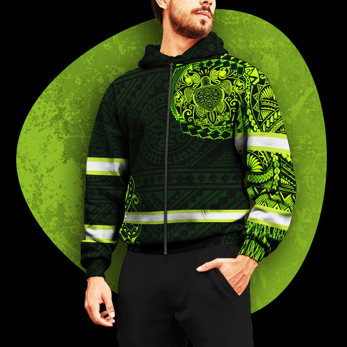 Hi Vis Zip Hoodie  Reflective Green Neon Turtle 2 Hawaii Polynesian Custom Name Safety Workwear For Workers, Runners, Cyclists, Patriotic