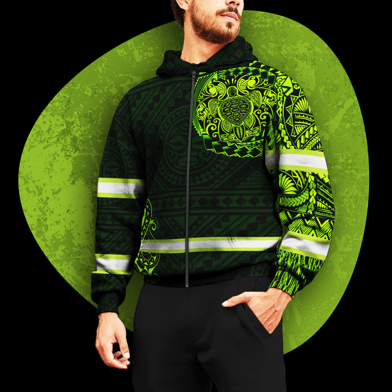 Hi Vis Zip Hoodie  Reflective Green Neon Turtle 2 Hawaii Polynesian Custom Name Safety Workwear For Workers, Runners, Cyclists, Patriotic