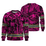 Hi Vis Long Sleeve Shirt Shirt Reflective Tapes Pink Flower Hawaiian Polynesian Tribal Custom Name Safety Workwear For Workers, Runners, Cyclists